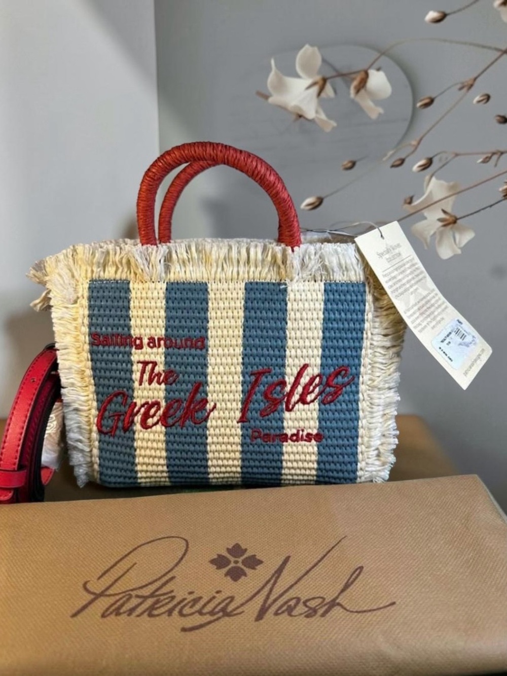 Patricia Nash Blue & Cream Striped Straw Tote with Red Accents